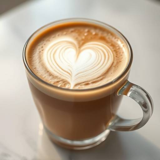 Um cappuccino cremoso servido em uma xícara de vidro, com arte latte formando um coraäão.